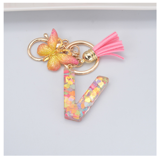 Exquisite 26 Letter Resin Keychain with Pink Tassel Gradient Butterfly Pendant Key Ring Women Bag Ornaments Accessories V