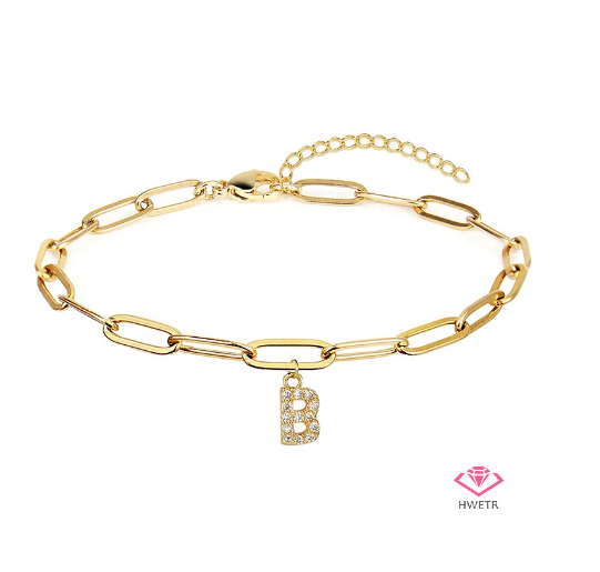 Hwetr Fashion 26 A-Z Initial Bracelet For Women Classic Zircon Letter Pendant Paper Clip Chain Bracelet Jewelry Accessories Gift B