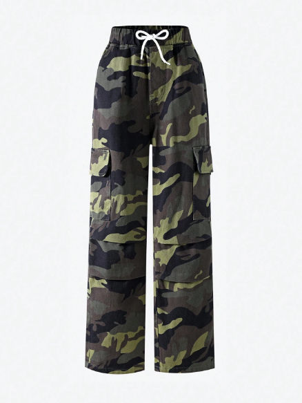 Teen Girl Camo Print Drawstring Waist Cargo Jeans