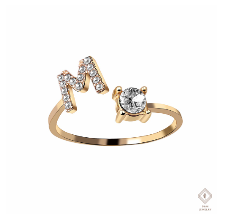 26 Letter Rings Cubic 14K Gold Promise Ring Diamond Ring Wedding 925 Silver Ring Adjustable Size M