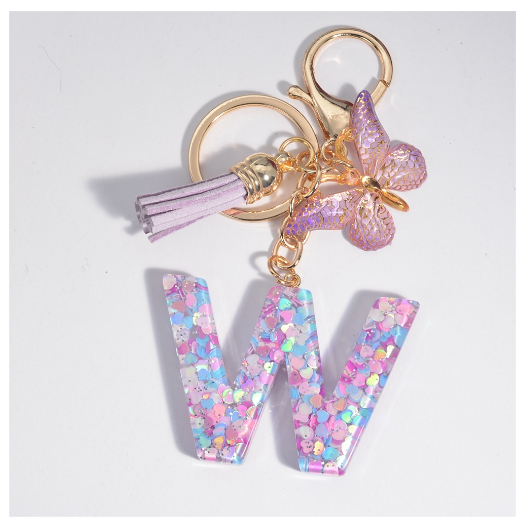 Sweet Heart Sequin Filled A-Z Letter Keychains With Tassel Fashion Butterfly 26 Alphabet Keyring Car Keyholder Birthday Gifts W