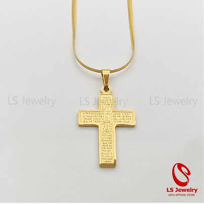 LSjewelry Mama Mary Religious Cross With Prayer 24K Bangkok Gold Necklace N0425