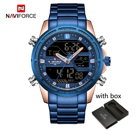 Naviforce Watches for Men Luxury Brand Digital Chronograph Sport Quartz Wristwatch Waterproof Military Steel Band Luminous Clock BLUE