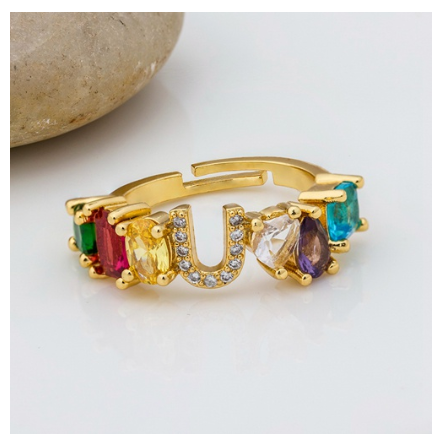 Hot Sale Adjustable A-Z 26 Initial Ring Bohemian Copper Zircon Rainbow Letter Rings for Women Girls Jewelry U