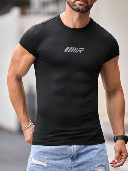 Manfinity Homme Black Minimalist Printed Men's Slim Fit Short Sleeve T-Shirt