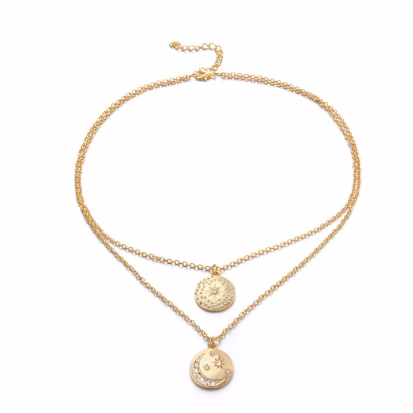 2 Layer Multilayer Coin Star Moon Gold Chain Pendant Necklace