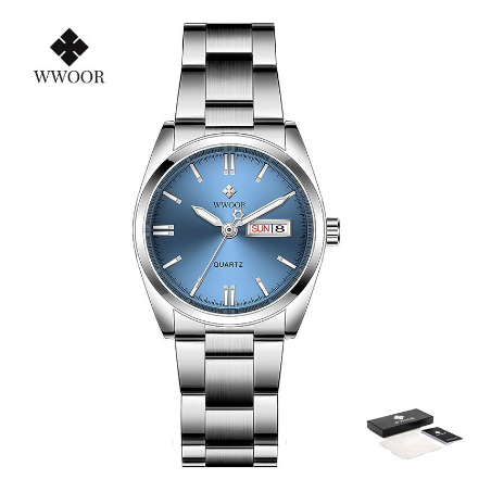 Wwoor Women Watches Stainless Steel Quartz Wrist Watch Creative Design Ladies Clock Female Watch SKYBLUE DIAL SILVER CASE STRAP