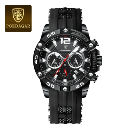 POEDAGAR sports watch for men waterproof original fashion silicone multifunctional chronograph watch luminous calendar display Watch BLACK