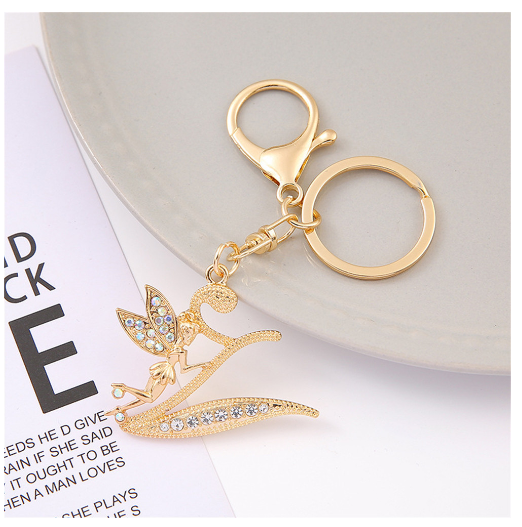 Exquisite Elf Letter Metal Keychains Luxury Gold Color Rhinestone Alphabet Keyrings For Men Women Handbag Ornaments Gifts V