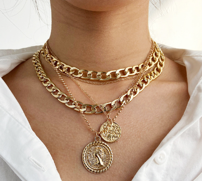 Chunky Chain Gold Collar Choker Coin Pendant Necklace