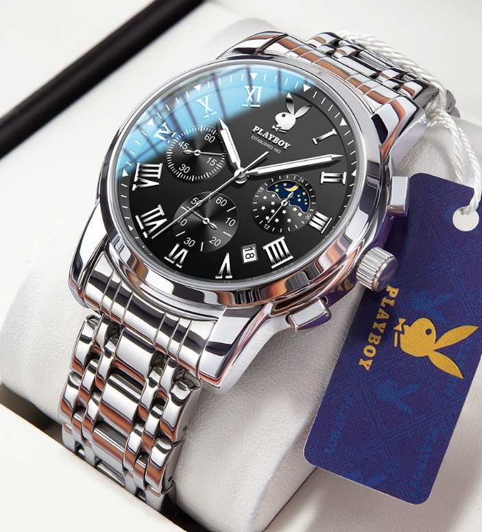 Playboy Watch For Men Waterproof Luminous Chronograph Date Display Stainless Steel Strap Classic Trendy Men's Watch