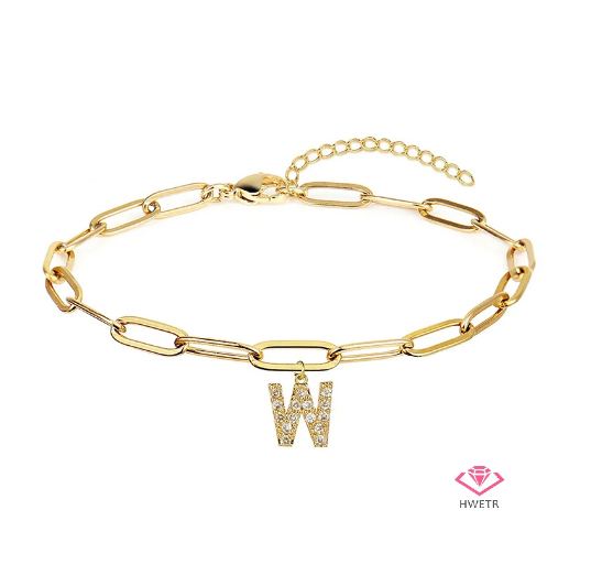 Hwetr Fashion 26 A-Z Initial Bracelet For Women Classic Zircon Letter Pendant Paper Clip Chain Bracelet Jewelry Accessories Gift W