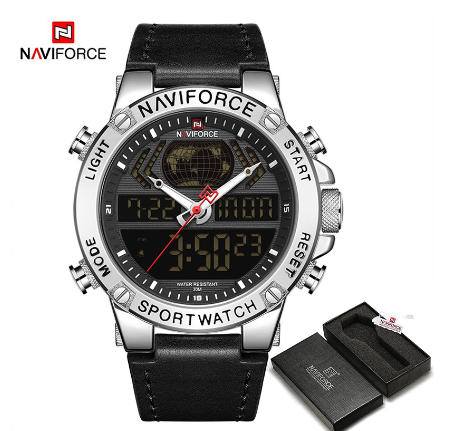 Naviforce NF9164 Men Digital Sport Top Brand Luxury Military Genuine Leather Analog Led Quartz Male Clock SILVER