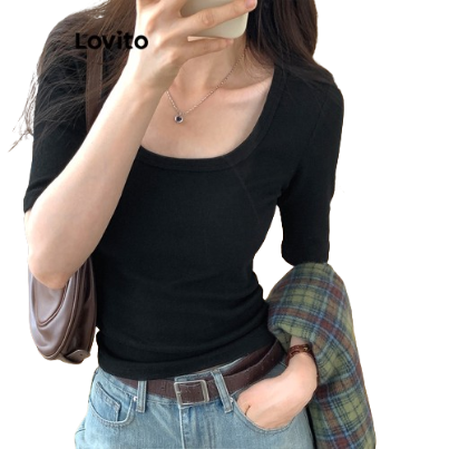 Lovito Women Short Sleeve U Neck T-Shirt LNA25019 (Black)