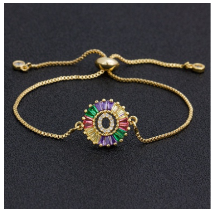New Fashion A-Z Initial Colorful Cubic Zircon Letter Bracelets Adjustable Chain Rainbow Jewelry O