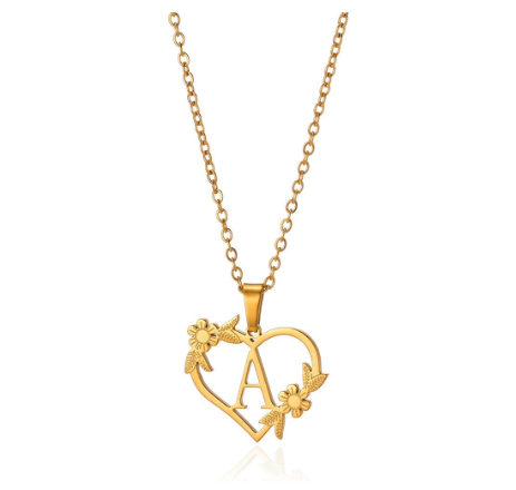 New Personalized Creative Gold Plated Stainless Steel Love Flower Hollow Heart A-Z Letter Necklace Initial Name Pendant Women's A