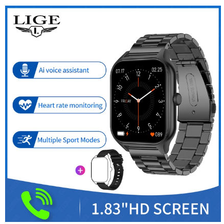 LIGE Original Smart Watch Men Women 1.83 inch HD Screen Bluetooth Call Smart Bracelet Men Health Monitor Sport Watch STEEL BLACK