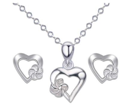Italy Sterling Silver Heart Stud Earring and Pendant with Chain