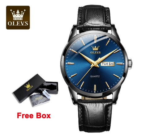 Olevs Watch For Men Waterproof Leather Strap Original Fashion Quartz Luminous Business Calendar Men's Watches BLUE DIAL BLACK CASE BLACK LEATHER STRAP