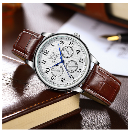 OPK Men's Stainless Steel Wrist Watch BLACK DIAL BROWN LEATHER STRAP