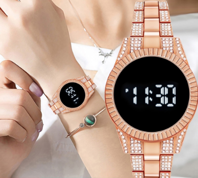 Touch Screen LED Digital Watch  Fashion Rhinestone Stainless Steel Quartz Wristwatch