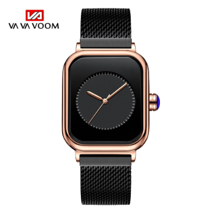 VA VA VOOM Silicone Quartz Women's Watch Fashion Glow Small Square Watch Women's Watch BLACK STEEL