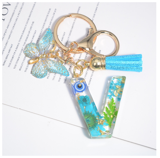 Exquisite Dried Flower Filled 26 Letter Keychain With Butterfly Pendant Fashion A-Z Name Initials Keyrings Car Key Holder Gifts V