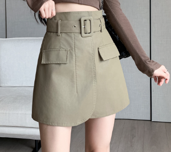 Lovito Women Casual Plain Fake Pocket Skirts LNE33237 Khaki/Black