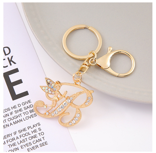 Exquisite Elf Letter Metal Keychains Luxury Gold Color Rhinestone Alphabet Keyrings For Men Women Handbag Ornaments Gifts B