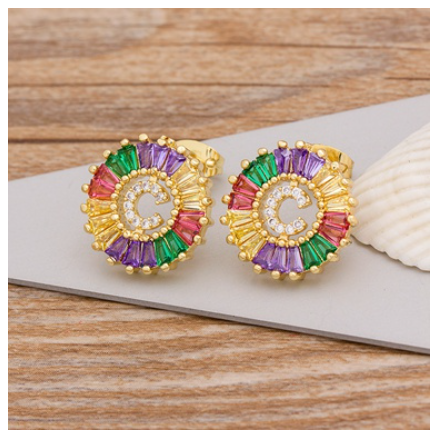 Colorful Choice 26 Initial Letters Earrings Cute Alphabet Copper CZ A-Z Rainbow Stud Earrings Name Jewelry C