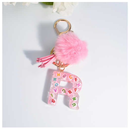 Exquisite Pink A-Z Letter Resin Keychain With Hairball 26 Initials Keyring Charms Women Bag Ornament Best Festival Gift R