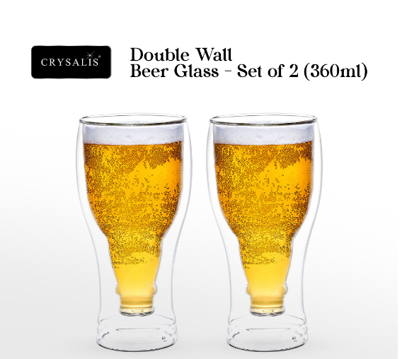 CRYSALIS Double Wall Beer Glass 360ml | 12.1oz [Set of 2] Liquor Drinking Glass Bar Essentials
