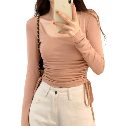 Lovito Women Casual Plain Drawstring T-Shirt LNE33015 (Pink/Black)