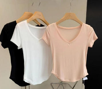 V-neck Short Sleeved T-Shirt Threaded Slim Bottom Shirt For Woman