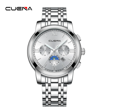 CUENA Men's Watches Original Brand Stainless Steel Waterproof Quartz Analog Business Sports 6052 SILVER