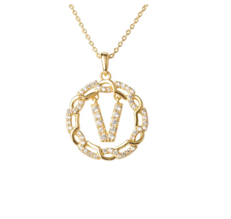 YH 18K Thai gold plated lnitials Pendant A-Z Letter Necklace For Women （3lengths Free Adjustment）V