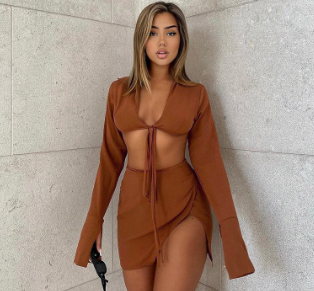 Women Sexy Long Flare Sleeve Strap Cropped Top Split Mini Skirt 2 Pcs Set