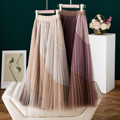 Pleated Mesh Skirt High Waist Slimming Elastic Waist Mid-Length Big Hem Skirt