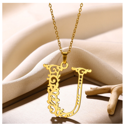 Initial Necklace for Women Men Girls Boys Gothic 18K Gold Plated 26 Letters Pendant Necklace Chain with Extension U