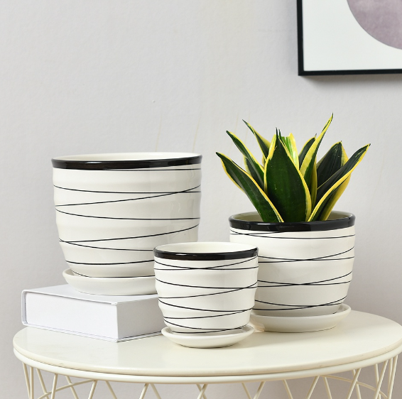 High Quality Black Line Minimalist Style Ceramic Indoor/Outdoor Pots with Plate and Hole
