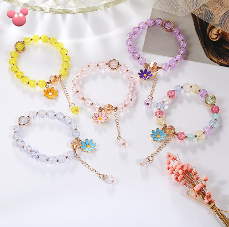 Lovely Crystal Beads Daisy Charm Fortune Bracelet for Women Girls Wrist Chain Bangle Jewelry TD