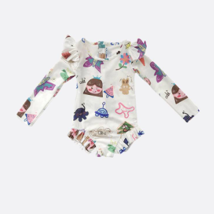 Children Long Sleeve Swimsuit Summer New Style Girls Cartoon Graffiti Style Stretch Lace Swimsuit