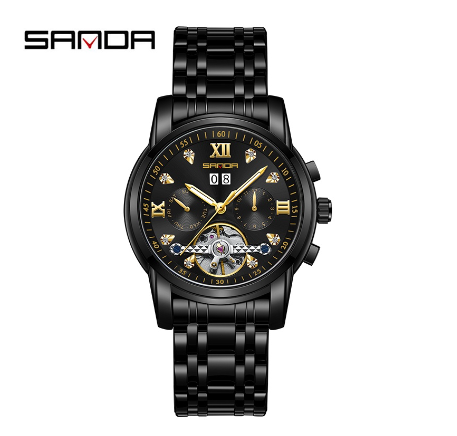 Sanda Official Fully Automatic Mechanical Steel Band Watch Fashion Hollow-out Men's Luminous Swimming Watch  BLACK