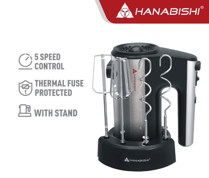 Hanabishi Hand Mixer HHM55SS | Best for Baking 5-speed Turbo | Beater, Dough Hooks | With stand