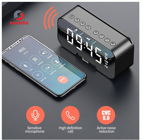 Senda Mini Audio Bluetooth Speaker With FM Radio Mirror Screen Display & Digital Alarm Clock