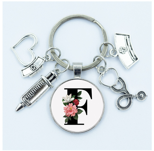 1Pcs Creative Stethoscope Syringe 26 Letter Keychains Nurse Cap Initials Metal Keyrings Bag Ornaments Charms Gifts Souvenir F