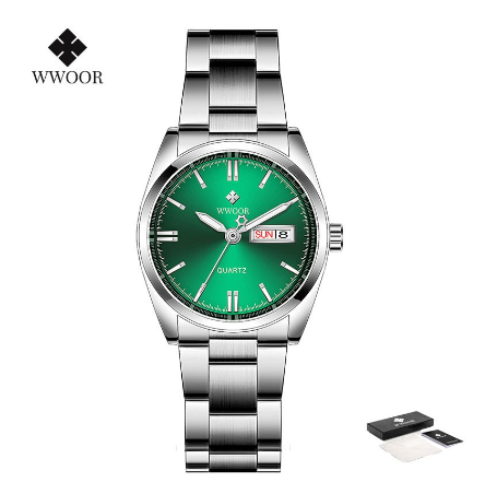 Wwoor Women Watches Stainless Steel Quartz Wrist Watch Creative Design Ladies Clock Female Watch GREEN DIAL SILVER CASE STRAP