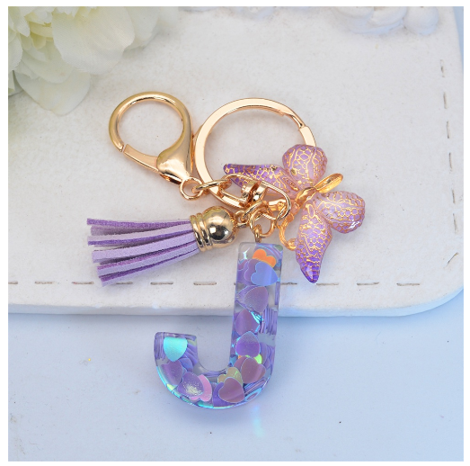 Sparkling 26 Letter Keychain With Butterfly Pendant Exquisite Heart Sequin Filled A-Z Initials Keyrings Bag Pendant Charms Gifts J