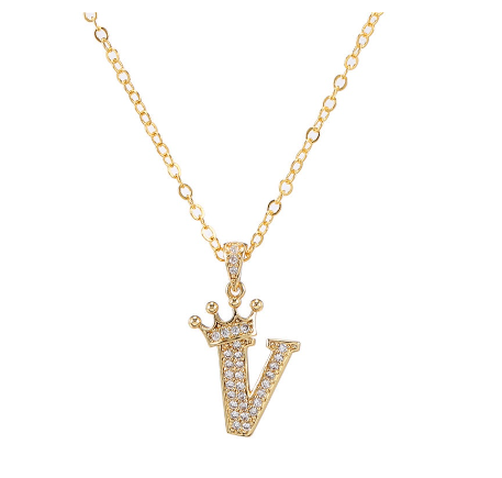 Luxury Crystal Zircon Alphabet Pendant Necklaces for Women Men Gold Crown Initial Letter Necklace V