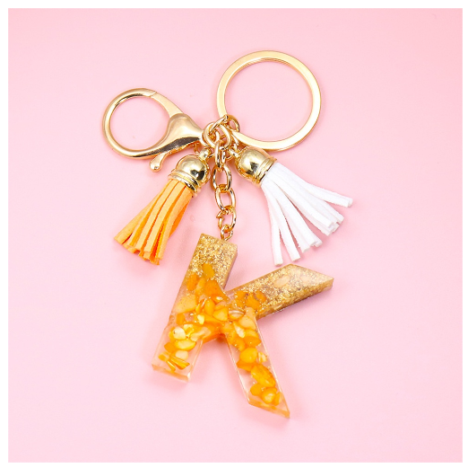 Tassel Gold Foil A-Z 26 Letter Pendent Keychain for Women Orange Resin Keyrings Girls Bag Ornamant Accessories Charms Gifts K